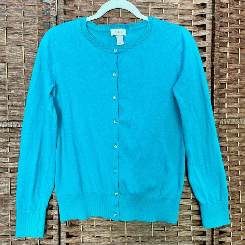 LOFT Turquoise Button-Front Crewneck Cardigan, Y2K Dopamine Office Siren Size S.